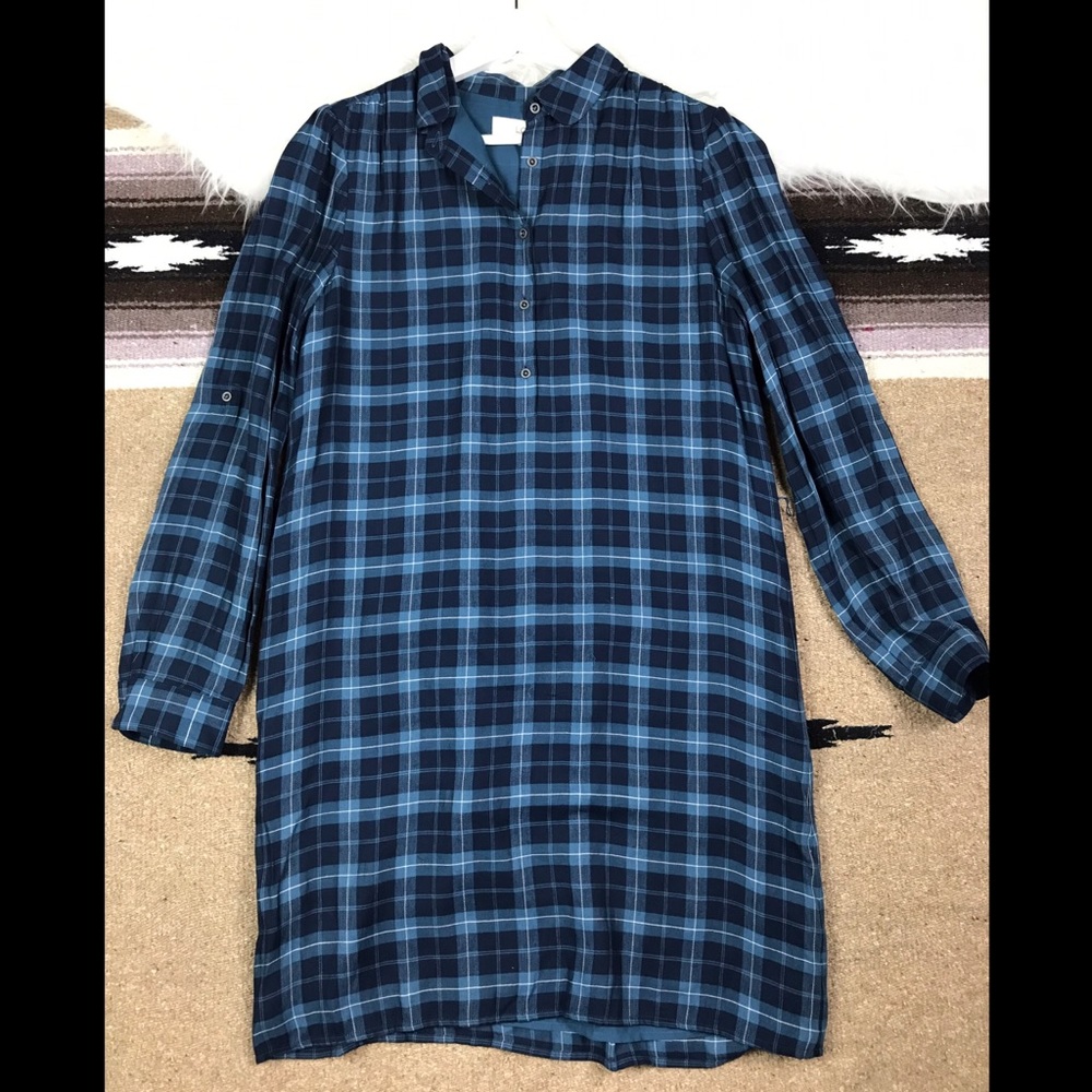 LOFT T-Shirt Dress Blue Plaid Long Medium